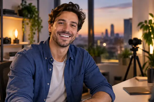 Portrait of a smiling creator in a casual blue shirt.