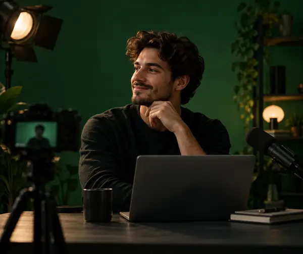 Portrait of a creator against a deep green studio background.